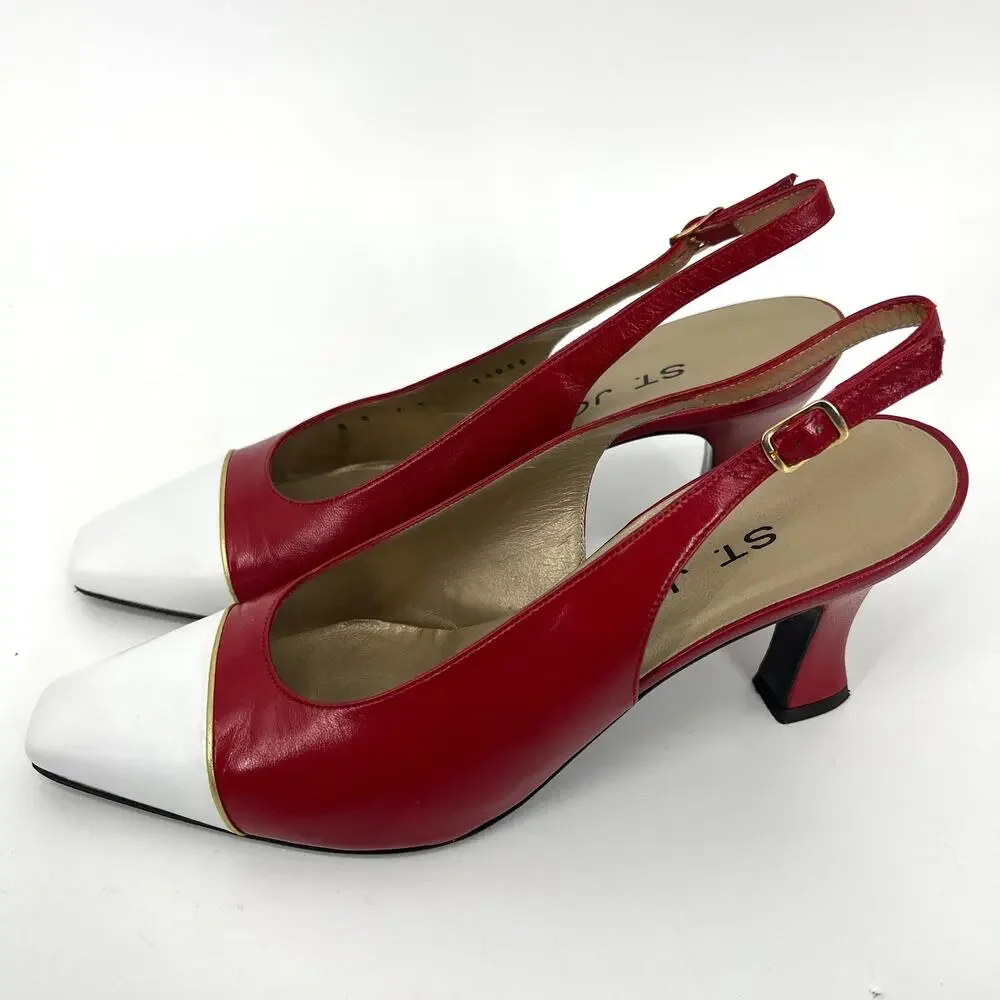 St. John Italy Red White Leather Slingback Heels Shoes Size 8 with Box dust bag